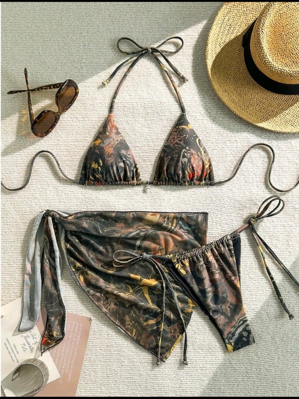Olive Floral Tie-Side Triangle Bikini with Matching Sarong